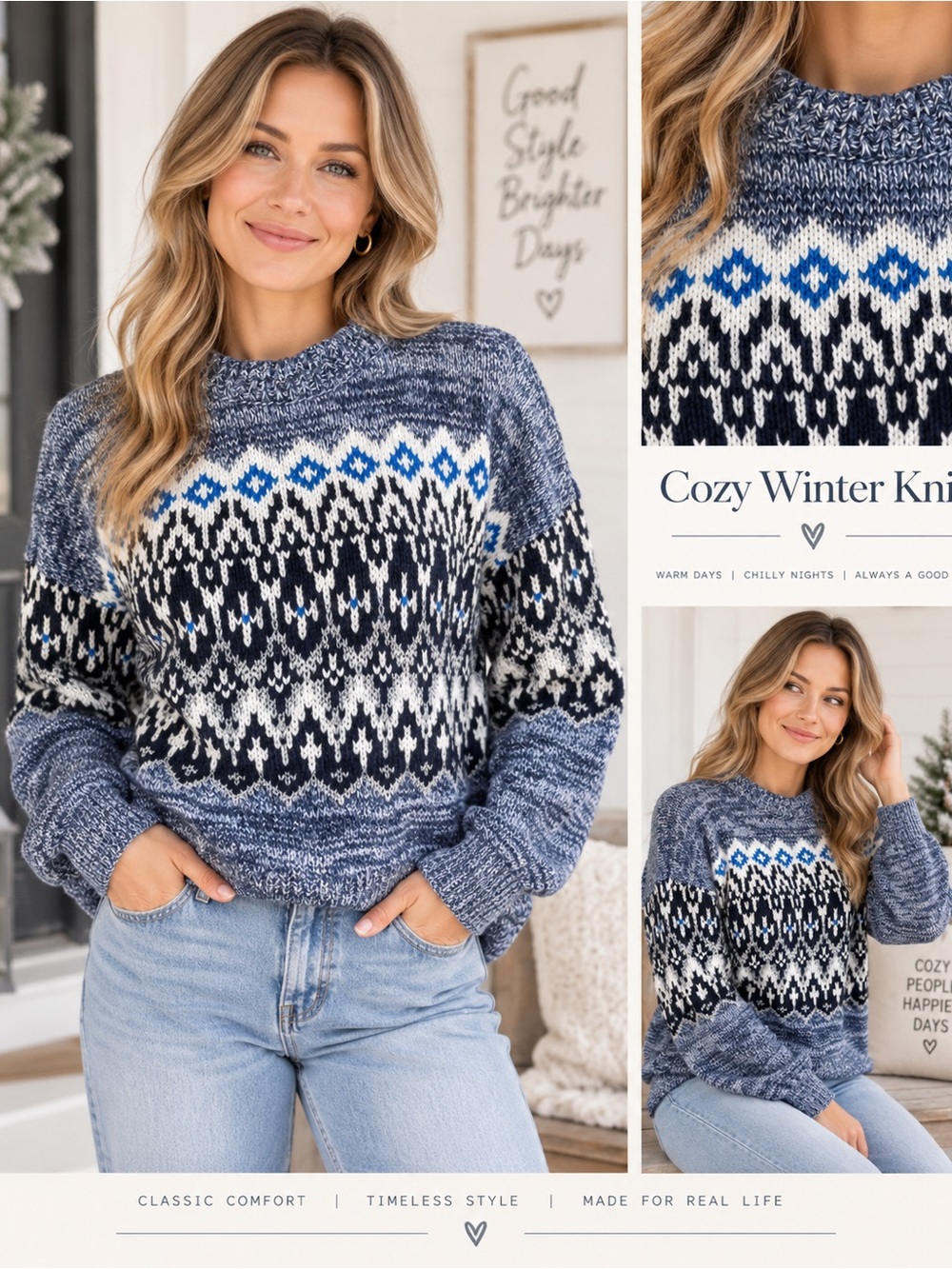 LOFT Sparkly Fair Isle Crewneck Sweater Blue White Size L